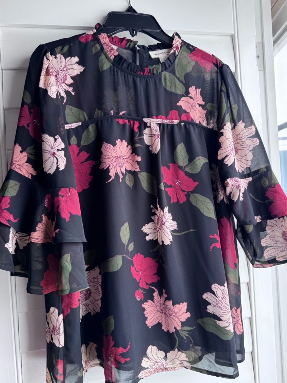 Monteau Black Floral Ruffle Sleeve Blouse - Pink & Red Flowers